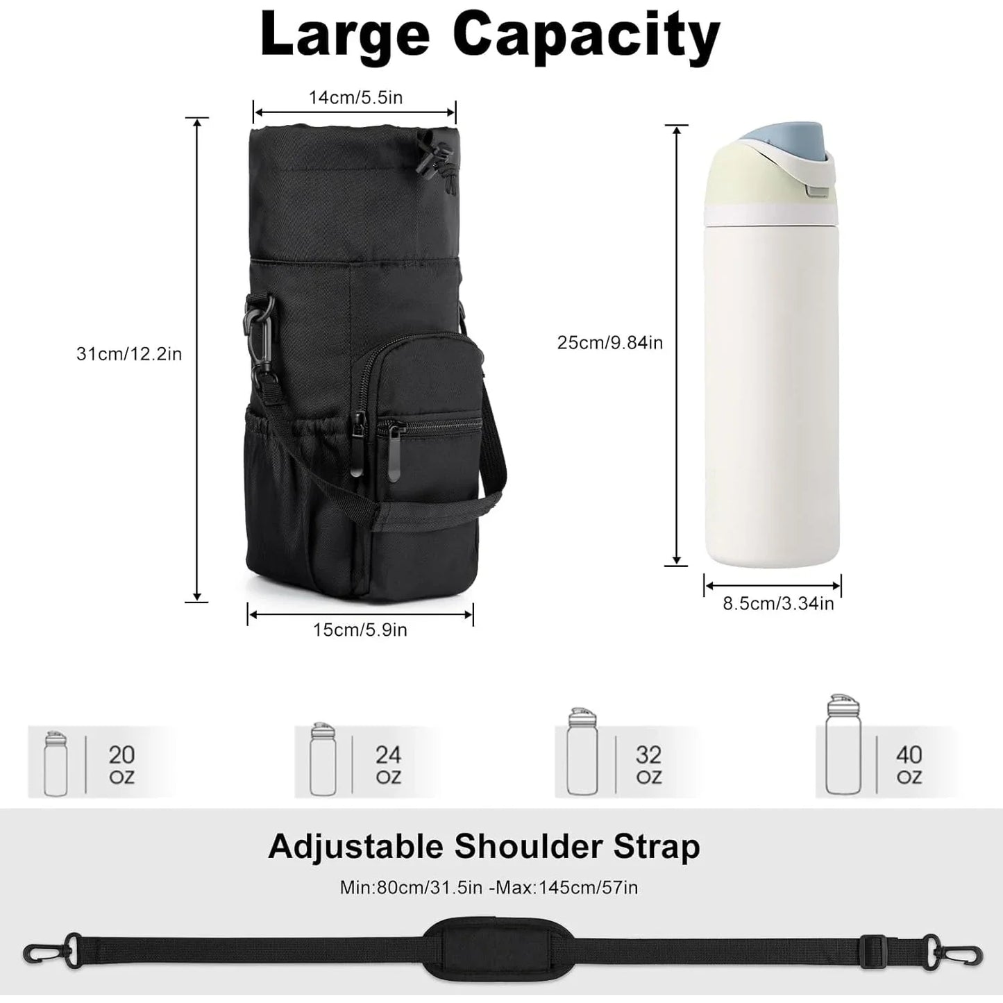 Insulated Water Bottle Holder with Strap – Carrier Sling Bag for 16oz, 32oz, 40oz & 64oz Bottles