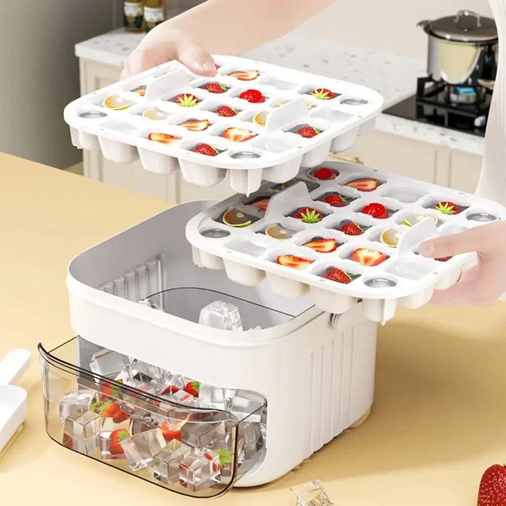 50 Cube Ice Maker Tray - Double Layer Refrigerator Ice Mold with Easy Press Cap & Kitchen Ice Storage Container