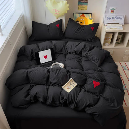 Cool Black Duvet Cover Set – Nordic Embroidered Heart Luxury Bedding, 4-Piece Set for Girls