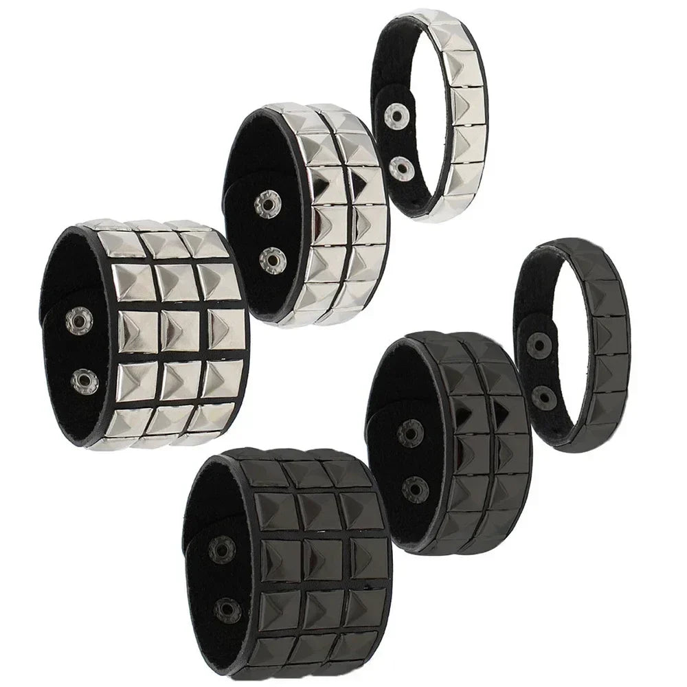 New Punk Fashion Black Leather Cuff Bracelet for Men & Women - Rivets Stud Charm Wristband Bangle, Gothic Jewelry 2024