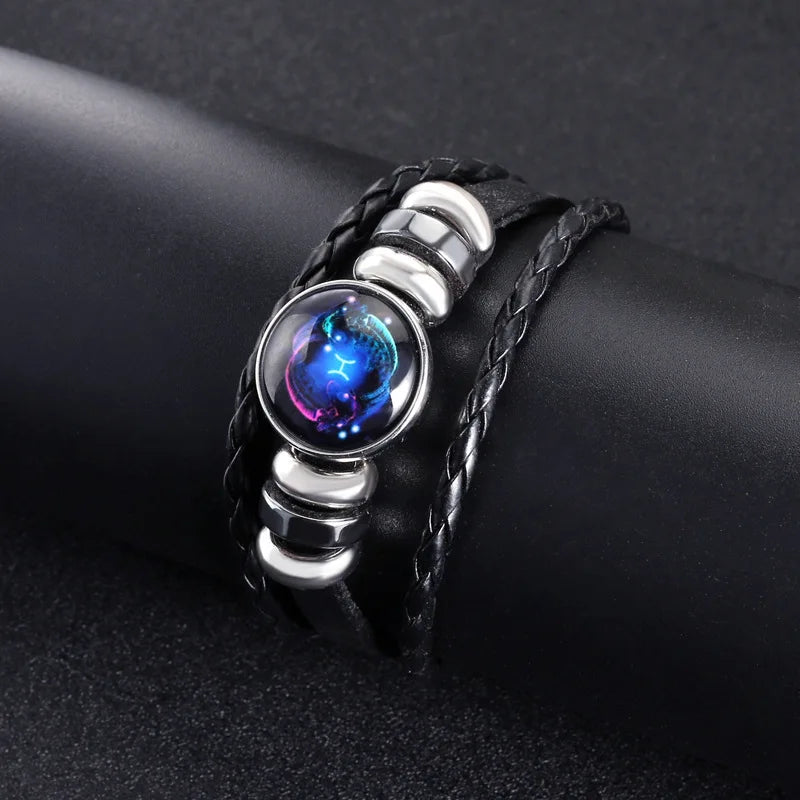 New Men's 12 Constellation Black Braided Leather Bracelet – Punk Style Zodiac Sign Multilayer Wrap Bracelet for Birthday Gifts
