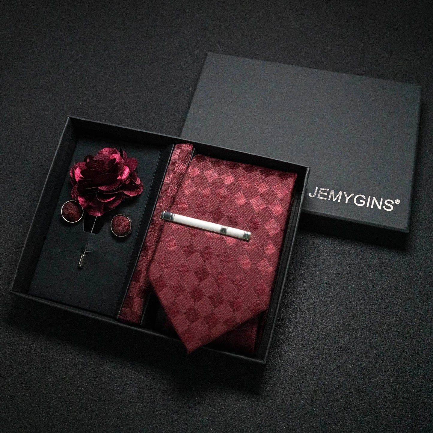 Wine Red Paisley Silk Tie Set for Men - Luxury Wedding Neck Tie with Pocket Square & Cufflinks Gift Box Accessories