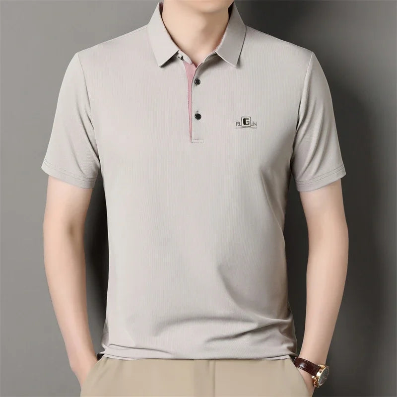 Men's Business Casual Short Sleeve Polo Shirt - Solid Color Breathable Badge Polo Top