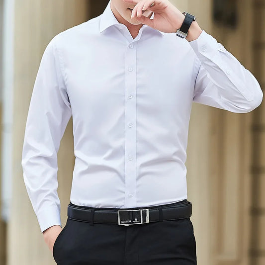 Men's Plus Size Solid Color Shirt - Classic Slim Fit Long Sleeve Business Casual Shirt