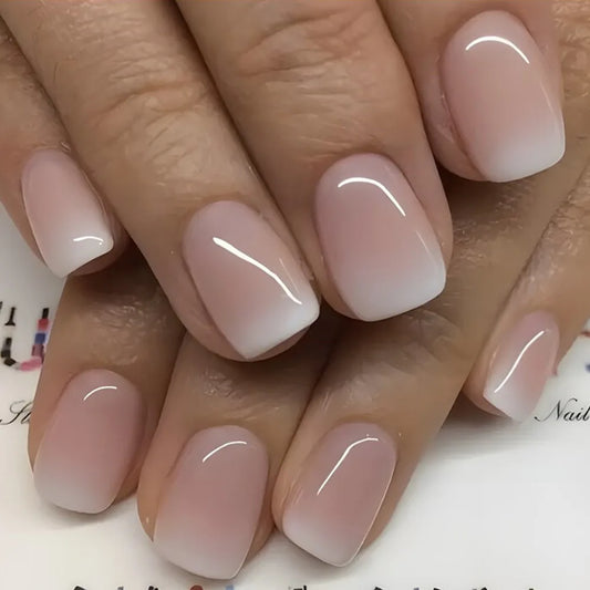 24Pcs Square Press On Nails - Nude White Gradient French False Nail Tips with Full Cover Short Design