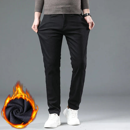 Winter 2025 Men’s Fleece Pants – Thick Slim Fit Velvet Trousers, Warm Elastic Business Casual Plush Pants