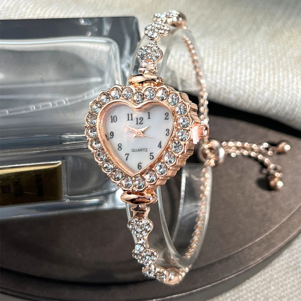 Women's Heart Ribbon Diamond Flower Watch - Fashion Adjustable Bracelet Wristwatch with Elegant Design