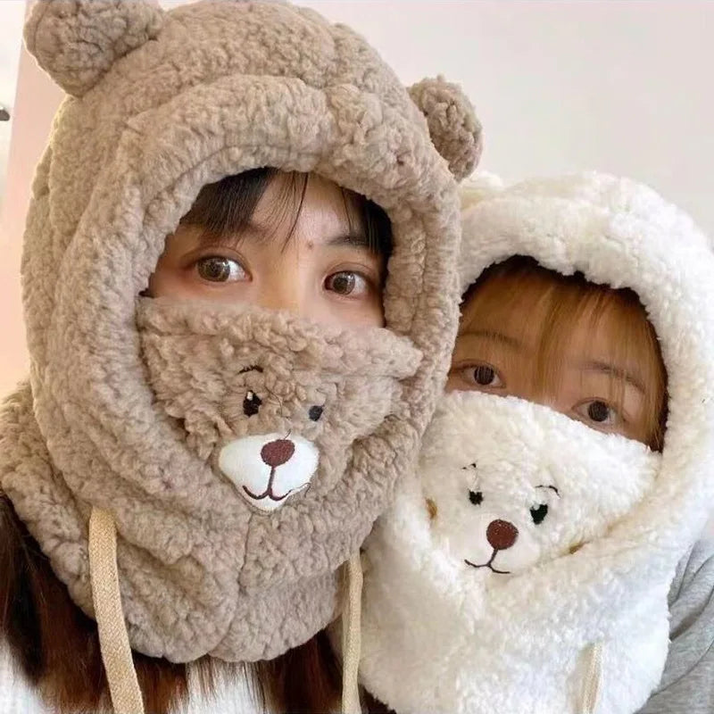 Winter Cartoon Bear Lamb Hat with Mask – Thickened Warm Beanie with Ear Protection for Women & Girls