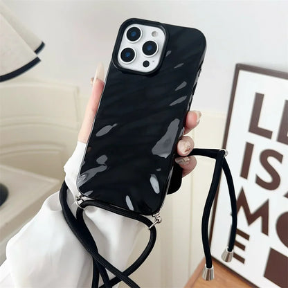 Glossy Wave Ripple Crossbody Lanyard Phone Case for iPhone 17/16/15 Pro Max Air 14 13 12 11 XR X 8 7 - Soft Silicone Protective Cover with Strap