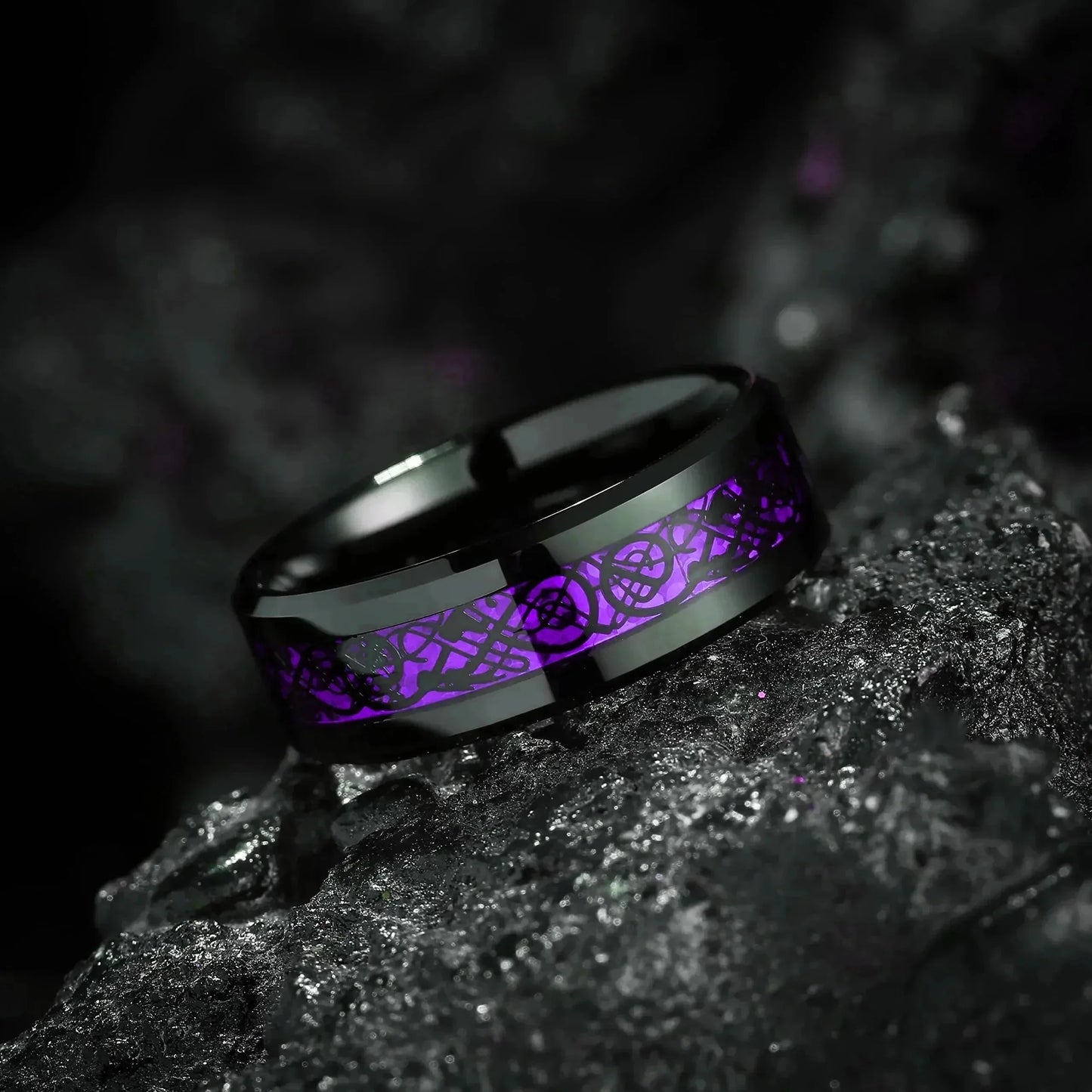 Couple Celtic Dragon Rings Set - Purple Rhinestone CZ Stainless Steel Wedding Jewelry for Men & Women