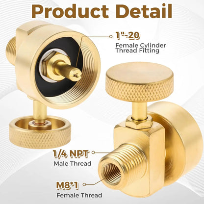 Solid Brass Propane Cylinder Adapter Valve - 1/4 NPT Male and M8x1 Female Thread Connector