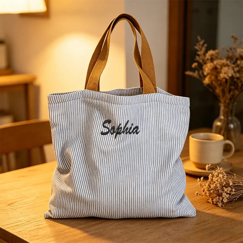 Striped Canvas Shoulder Bag - Custom Embroidered or Standard Back-to-School Tote