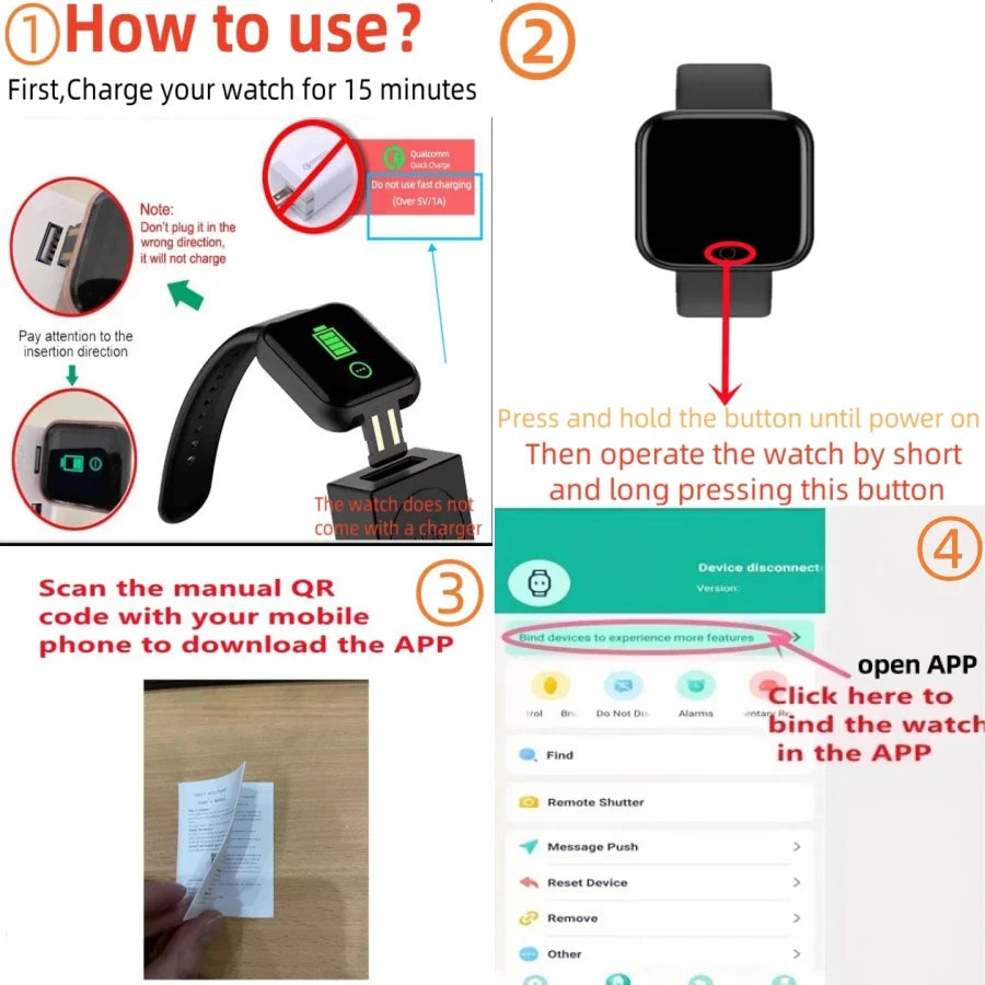Smartwatch Fashion Sports Bracelet for Women & Men, Multi-Function USB Charging, Compatible with Xiaomi & Huawei