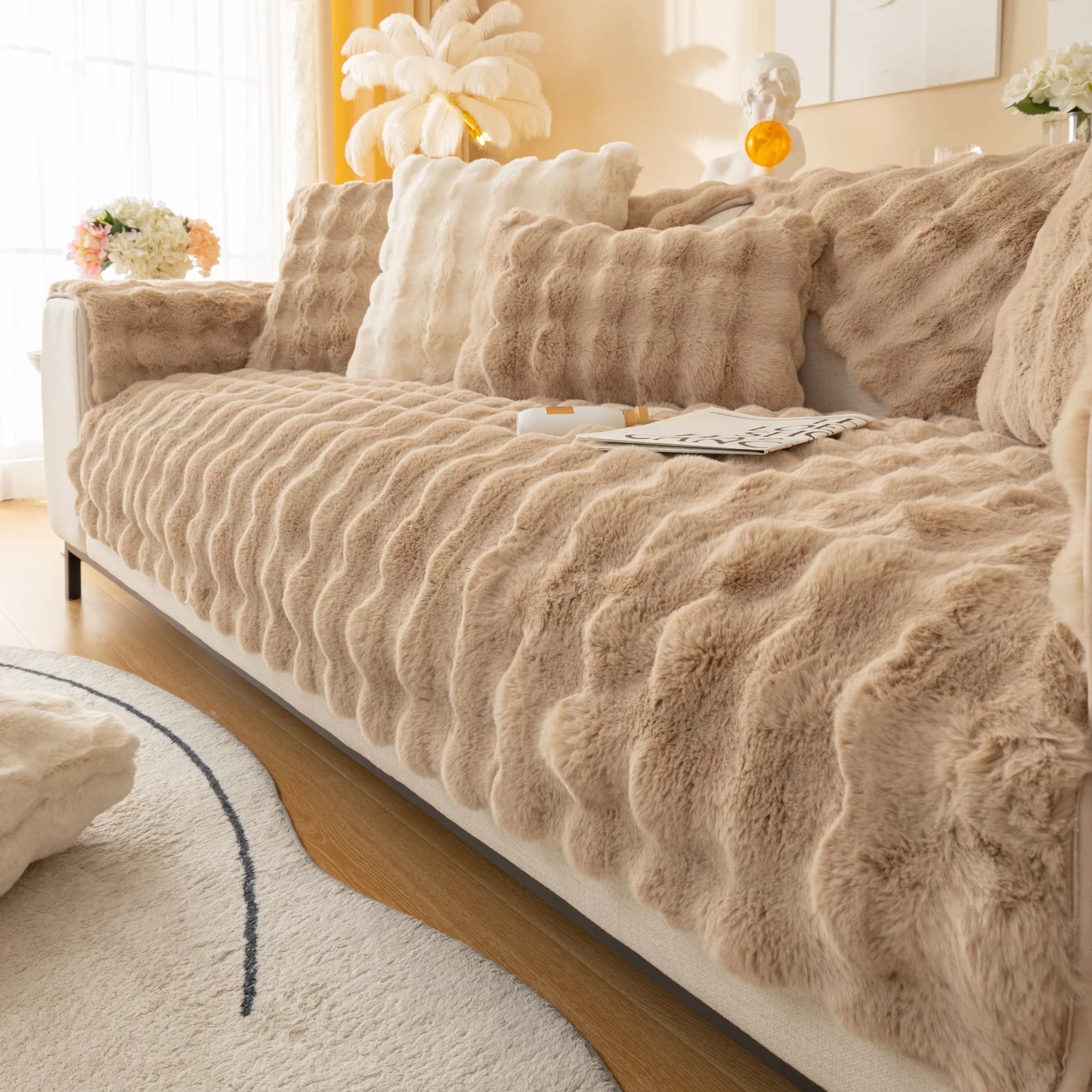 Thick Rabbit Fur Plush Sofa Slipcover - Non-Slip Soft Couch Cushion Cover for Modern Living Room Home Decor