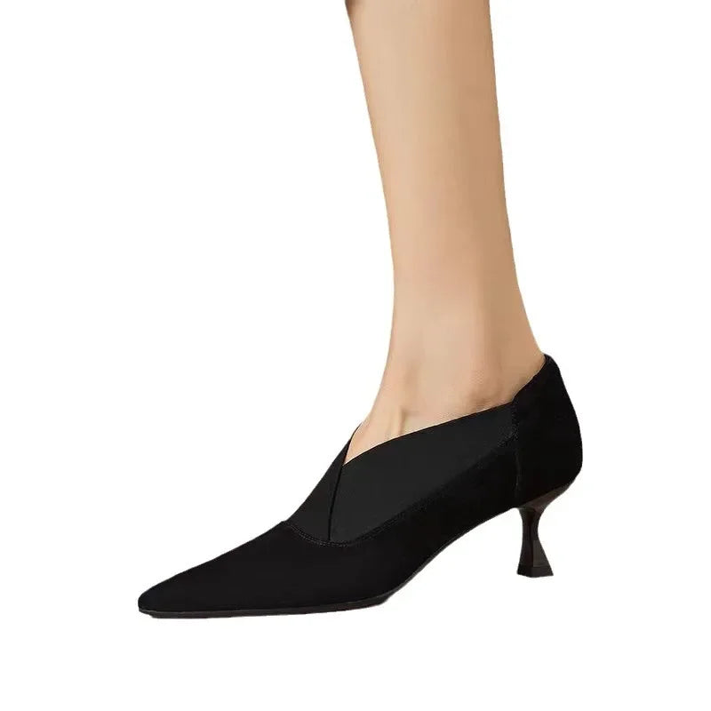 Women’s French Retro Ankle Boots - Pointed Toe Kitten Heels with Elastic Deep-Cut Design