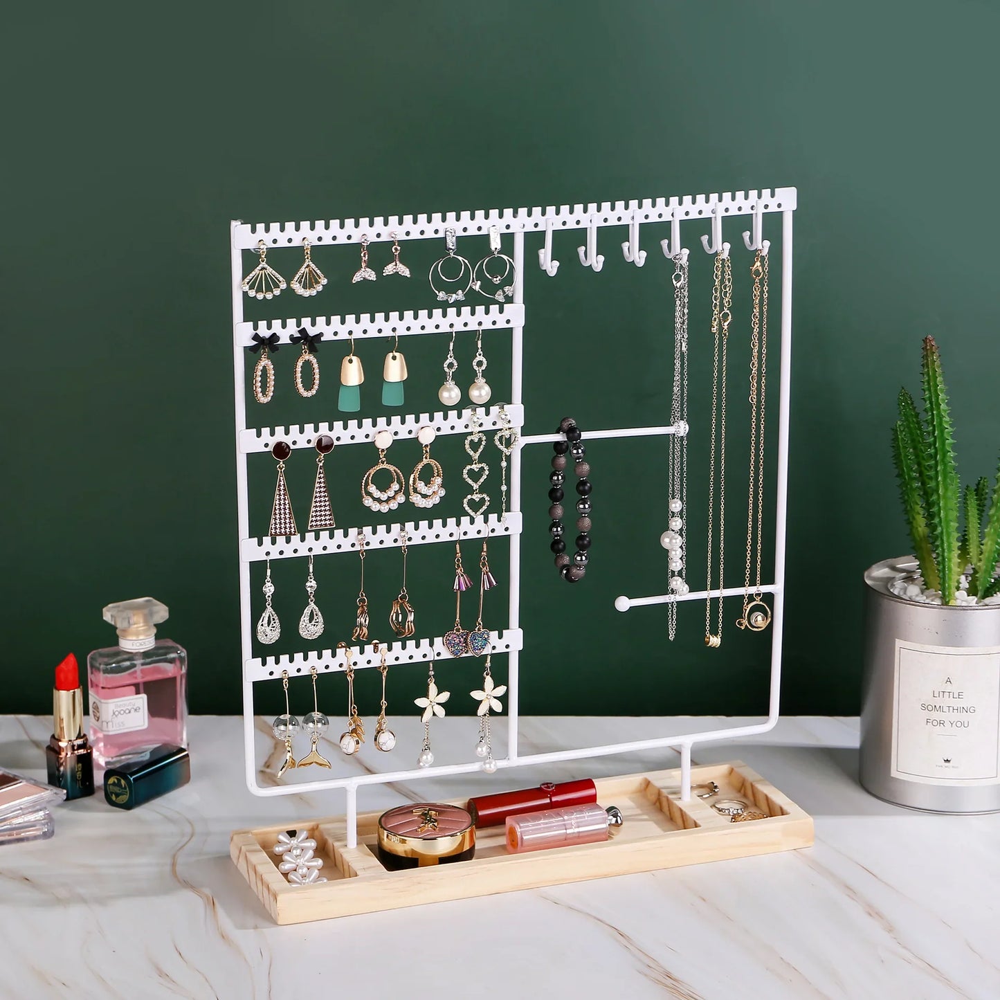 Multifunctional Jewelry Display Rack - Detachable Wooden Base Organizer for Earrings, Rings & Necklaces