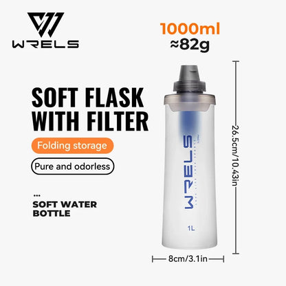 WRELS Soft Water Bottle with Filter - Ultralight Collapsible Hiking & Camping Hydration Flask
