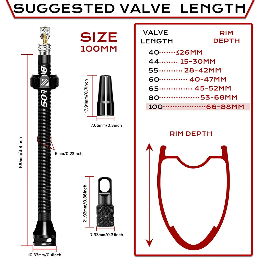BUCKLOS Tubeless Presta Valves 40–100mm — Aluminum Alloy Bike Valve Stem for Road & MTB