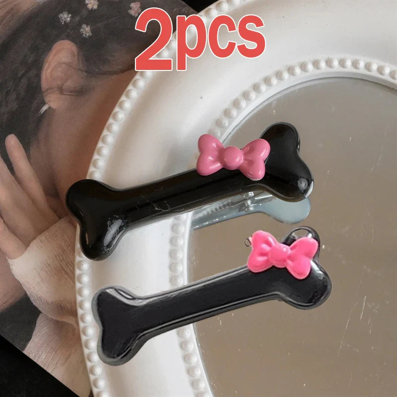 Kawaii Bow Dog Bone Hair Clips – Cute Black & White Bone Hairpins for Girls, Duckbill Barrettes Accessories