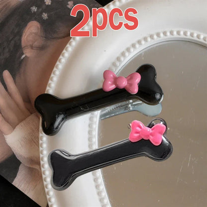 Kawaii Bow Dog Bone Hair Clips – Cute Black & White Bone Hairpins for Girls, Duckbill Barrettes Accessories