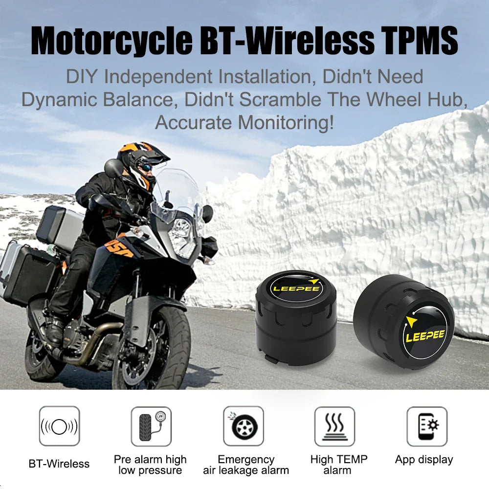 Bluetooth Motorcycle TPMS with 2 Sensors – Tire Pressure Monitoring System for Pit Bike, Tyre Tester Diagnostic Kit Moto Accessories