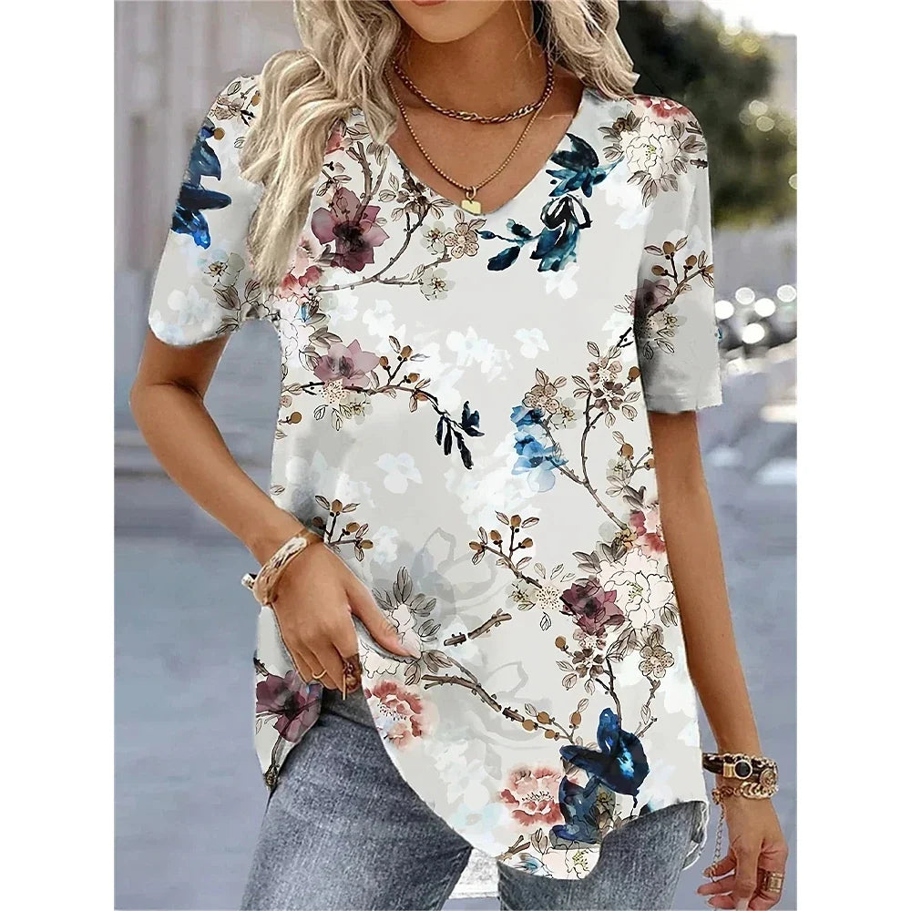 Women's 3D Flower Print V-Neck T-Shirt - Oversized Kawaii Summer Casual Blouse Top Fashion Clothing