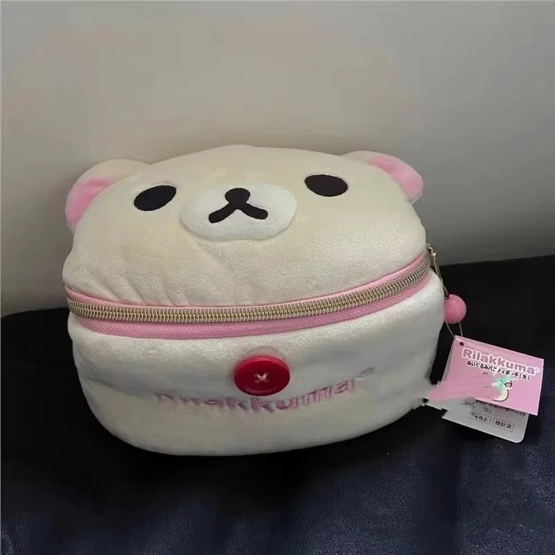 Cute Rilakkuma Bear Plush Makeup Bag - Portable Cartoon Storage Pouch for Girls Travel & Daily Organization