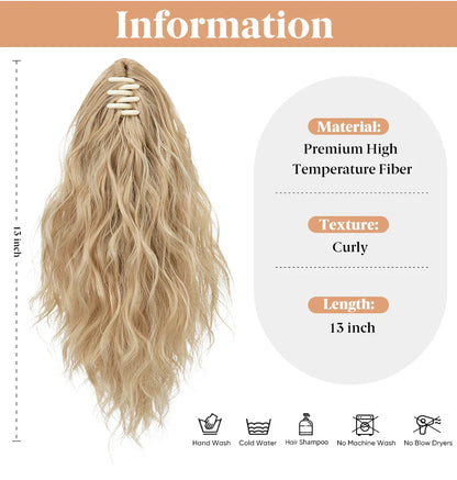 13-Inch Premium Synthetic Curly Claw Clip Ponytail – Blonde Brown Short Hairpiece, Fake Hair Extensions P064