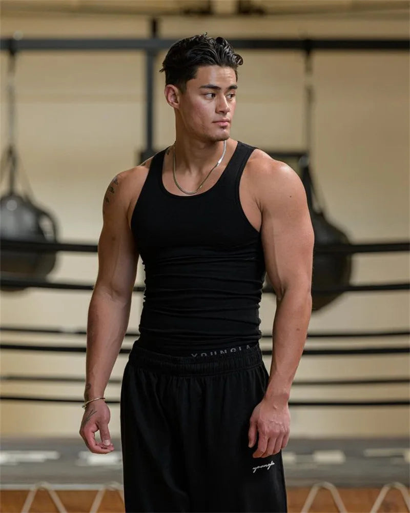 Men's 2026 Ice Silk Ribbed Vest - Slim Fit Sleeveless Fitness Sports Leisure Tank Top Solid Color Shirt