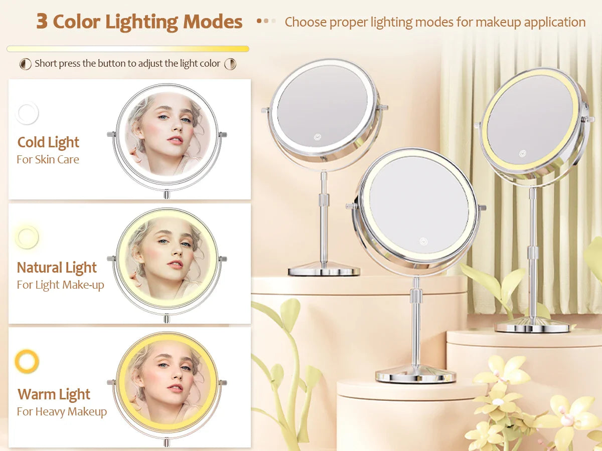 8-Inch Makeup Mirror with Light – 10X Magnification, 3 Color LED, Adjustable Brightness & Height Standing Cosmetic Mirror