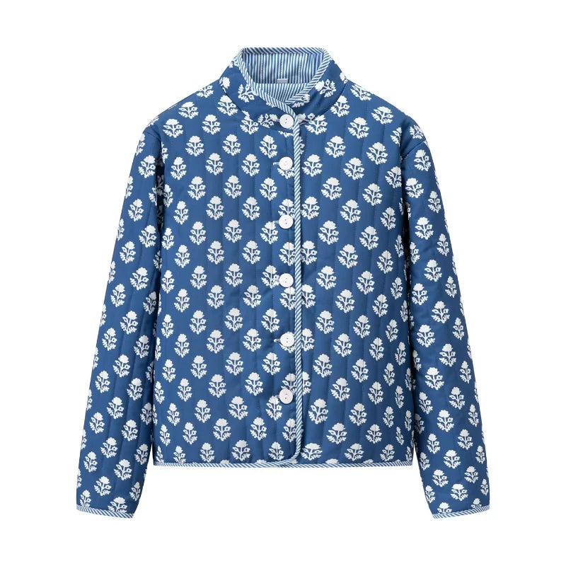 2025 Women’s Printed Quilted Padded Jacket – Collared Cotton Coat with Contrast Piped Pockets, Casual Autumn Outerwear