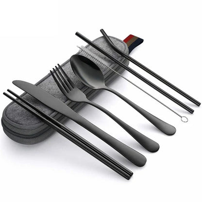 8-Piece Reusable Travel Cutlery Set — Stainless Steel Spoon, Fork, Chopsticks & Straw with Portable Case