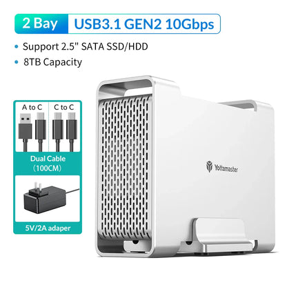 Yottamaster 1/2 Bay RAID Hard Drive Enclosure — 2.5"/3.5" SATA SSD/HDD External Case USB 3.1 Type-C 10Gbps, Supports Up to 2×16TB