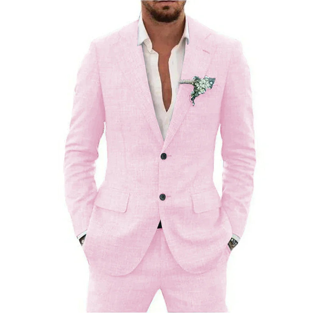 Men's Linen Suit Set - Slim Fit Notched Lapel 2 Piece Wedding & Beach Tuxedo Outfit For Summer Casual Formal Wear