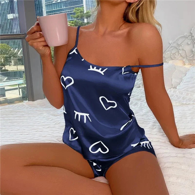 Women’s Ice Silk Pajama Set – Low-Cut Camisole & Shorts Sleepwear in Gray or Pink, L–XXL, Summer Comfort