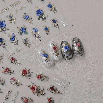 Vintage Rose Flower Nail Stickers – Red & Blue Laser Gold/Silver Nail Art Decals for Manicure Design DIY Beauty Tool