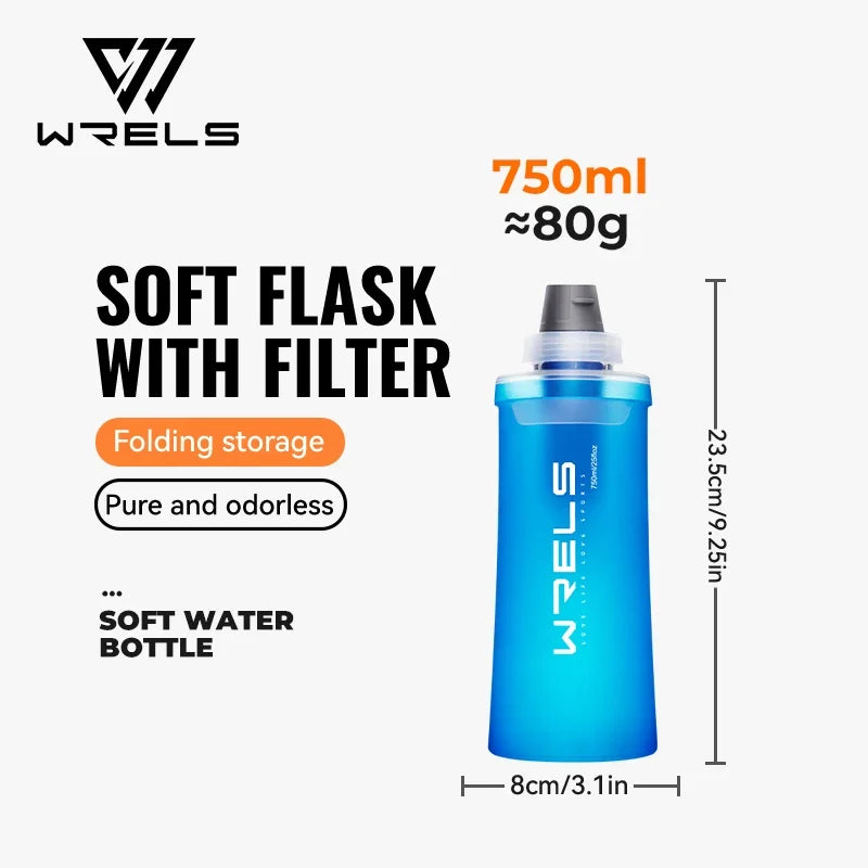 WRELS Soft Water Bottle with Filter - Ultralight Collapsible Hiking & Camping Hydration Flask