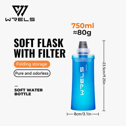 WRELS Soft Water Bottle with Filter - Ultralight Collapsible Hiking & Camping Hydration Flask