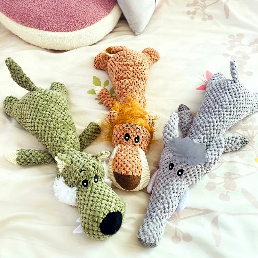 Large Dog Squeaky Plush Toy - Bite-Resistant Cartoon Lion, Wolf & Elephant Chew Toy for Small Medium Dogs