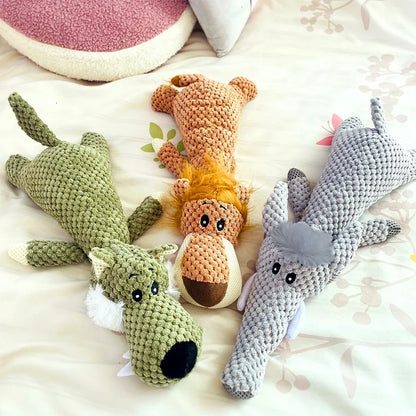 Large Dog Squeaky Plush Toy - Bite-Resistant Cartoon Lion, Wolf & Elephant Chew Toy for Small Medium Dogs