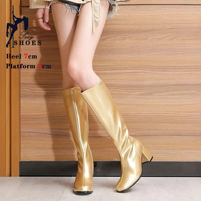 Women’s 7cm Retro Gogo Boots - 60s 70s Knee-High Square Heel Party Boots with Zip Size 44-45