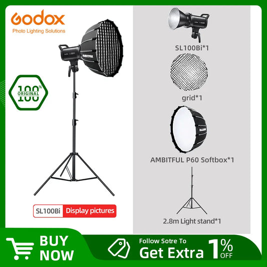 Godox SL100Bi LED Video Light - 100W Bi-Color 2800-6500K Studio Light with Bowens Mount & LCD Display