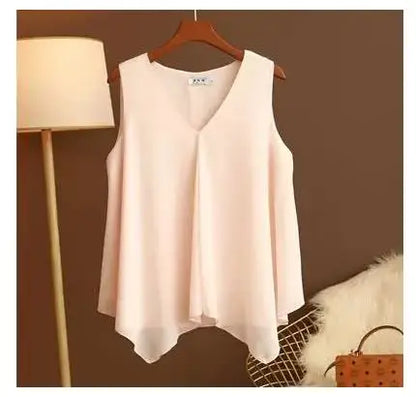 Women's Chiffon V Neck Blouse - Loose Sleeveless Plus Size Fashion Top M-5XL