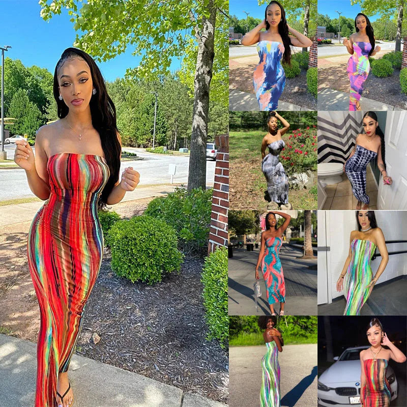 Women’s Off Shoulder Printed Maxi Dress - Slim Fit Bandage Chest Wrap Summer Party Dress