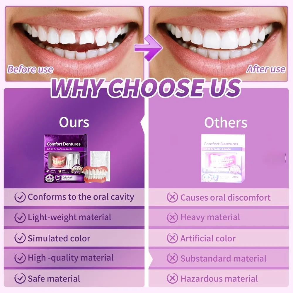 Full Upper & Lower Silicone Dentures Set - Comfort Fit Instant Smile Replacement Teeth