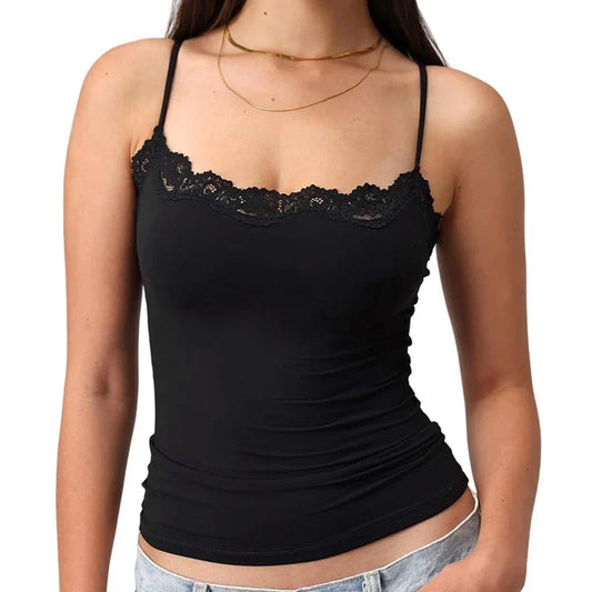 Fairy Coquette Lace Trim Slim Fit Women’s Y2K Crop Camisole Top – Summer Spaghetti Strap Sleeveless Solid Color Tank Vest