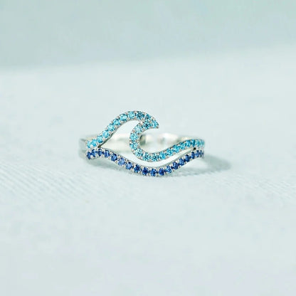 YILUOCD Blue Wave CZ Ring - Adjustable Cubic Zirconia Ocean Inspired Sea Wave Jewelry Gift for Women