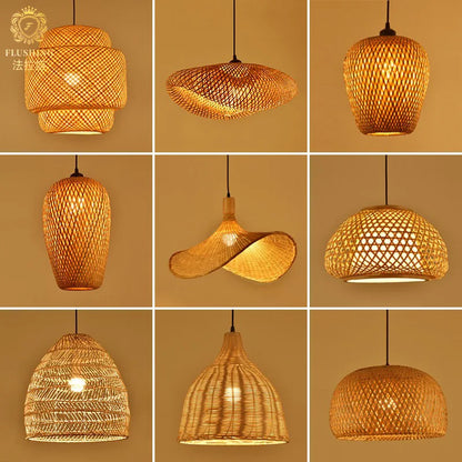 Bamboo Pendant Lamp Ceiling Light - Handwoven Rattan Wicker Hanging Fixture for Dining Room, Bedroom & Indoor Home Decor