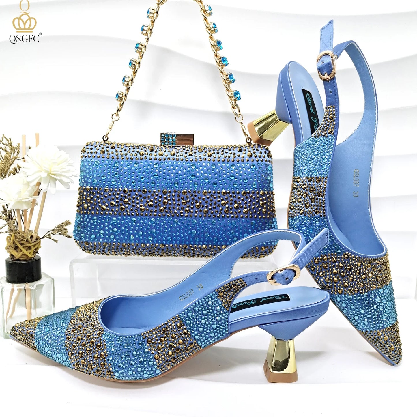 Women’s Green Rhinestone Shoe & Bag Set - Italian Luxury Style Wedding & Party Accessories