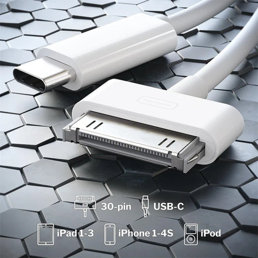 USB-C to 30-Pin Cable - Charger & Data Adapter for iPhone 4/4S, iPad, iPod & 30-Pin Devices